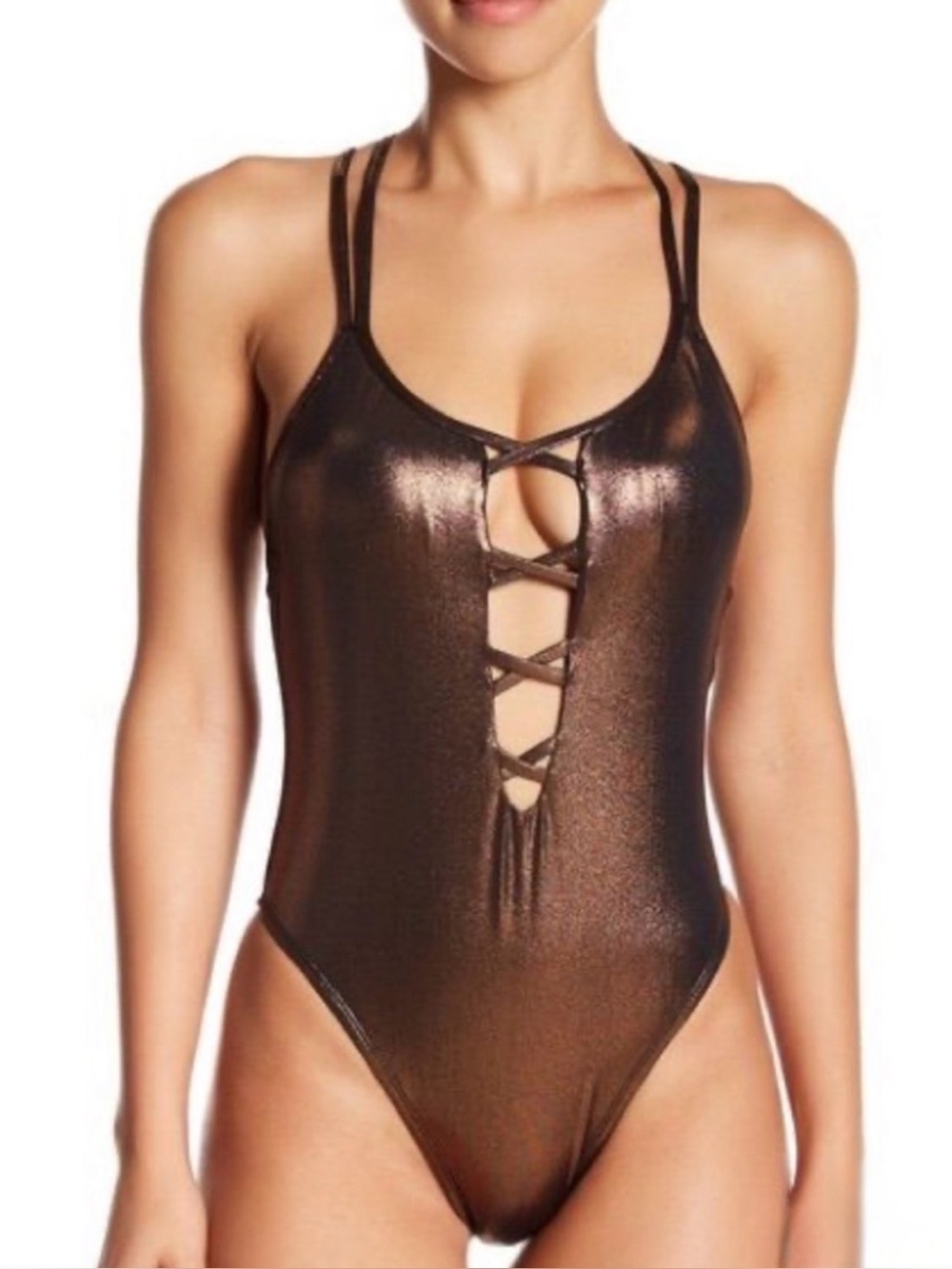 The Bikini Lab Metallic Bronze Lace-Up One-Piece Swimsuit Size L
